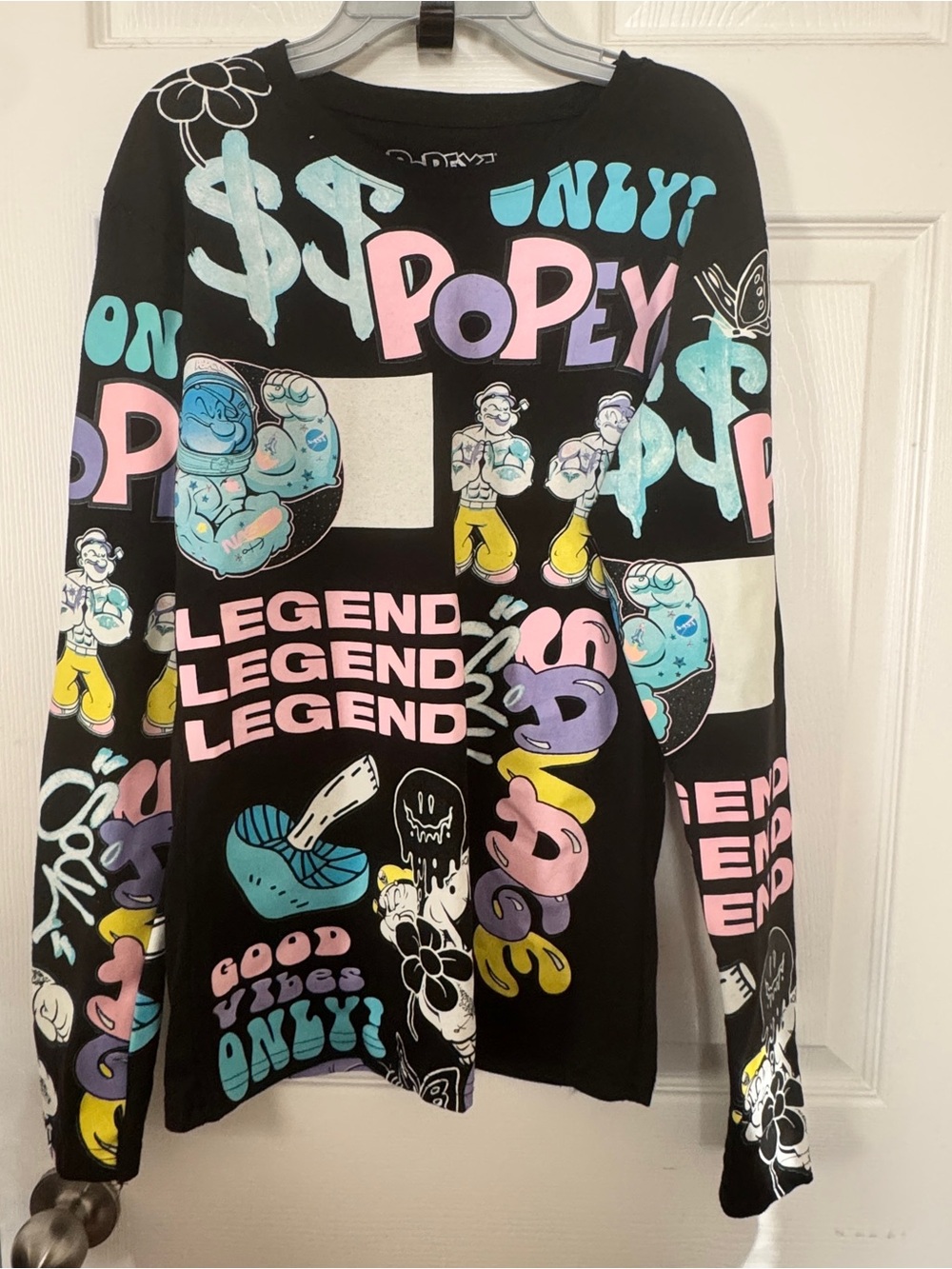 Popeye All Over Print Graphic Long Sleeve Shirt Size Small Black Streetwear
